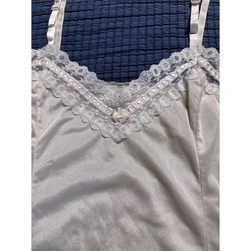 Baby Doll Ivory Satin Lace Trim Camisole Adjustable Strap V-Neck Bow Detail Top - Picture 5 of 7